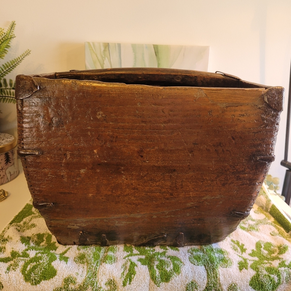 Antique 1800s Rice Harvest Bucket, Asian Chinese Grain Measure Holder Basket - Picture 3 of 12